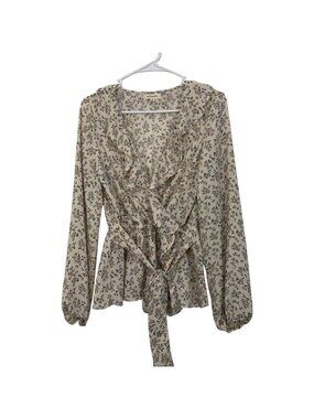 Max Studio Floral Ruffle Wrap Blouse With Belted Waist Beige/Black Womens Size M